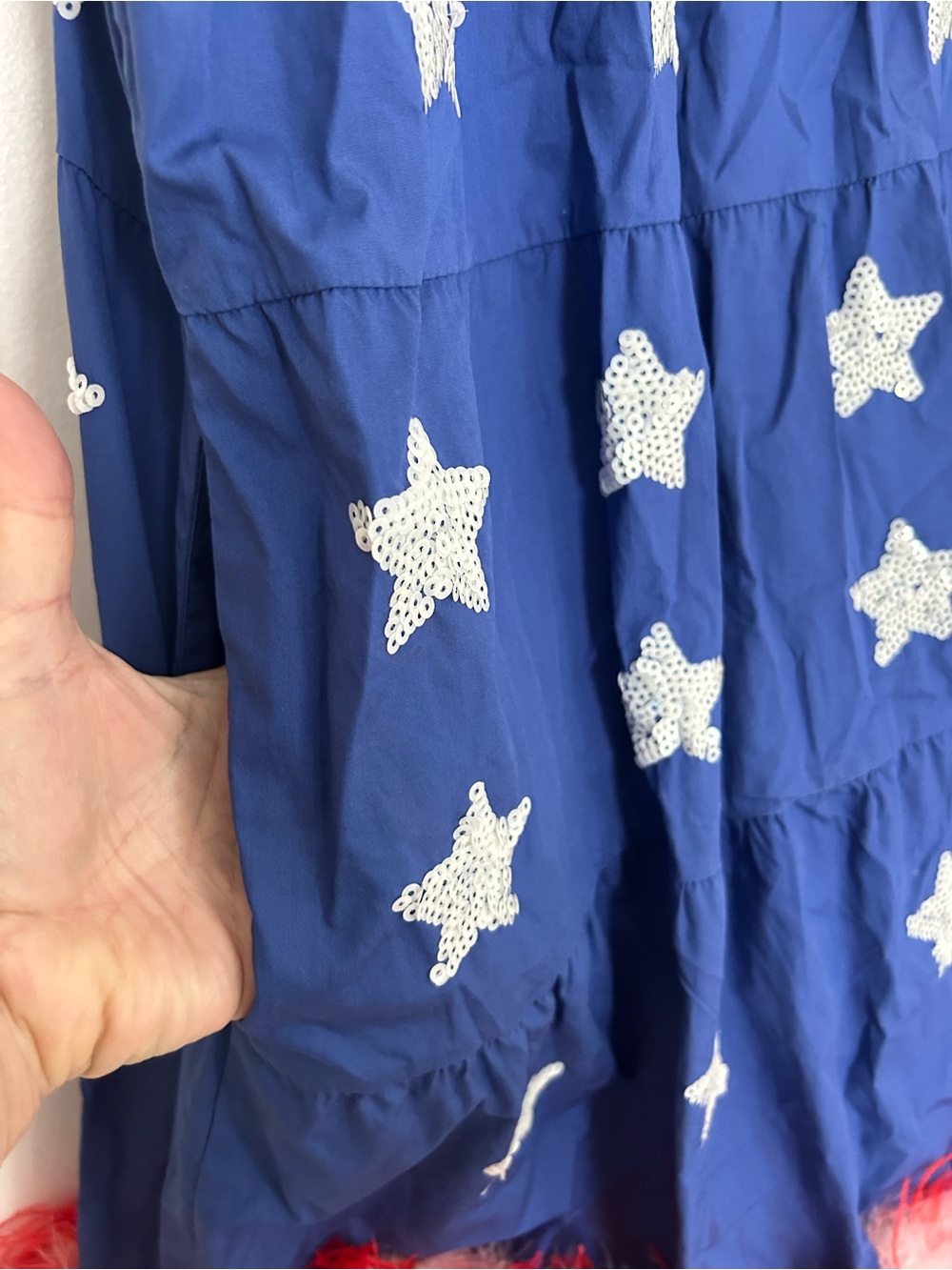 Queen of Sparkles Blue Sequin Star Feather Hem Dress Medium Patriotic USA - Picture 7 of 7